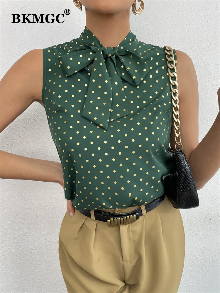 

BKMGC Green Blouse Shirt 2022 Summer Bow Tie Knot Ascot Neckline White Polka Dots Sleeveless Chic Tops Women Elegant Blusas