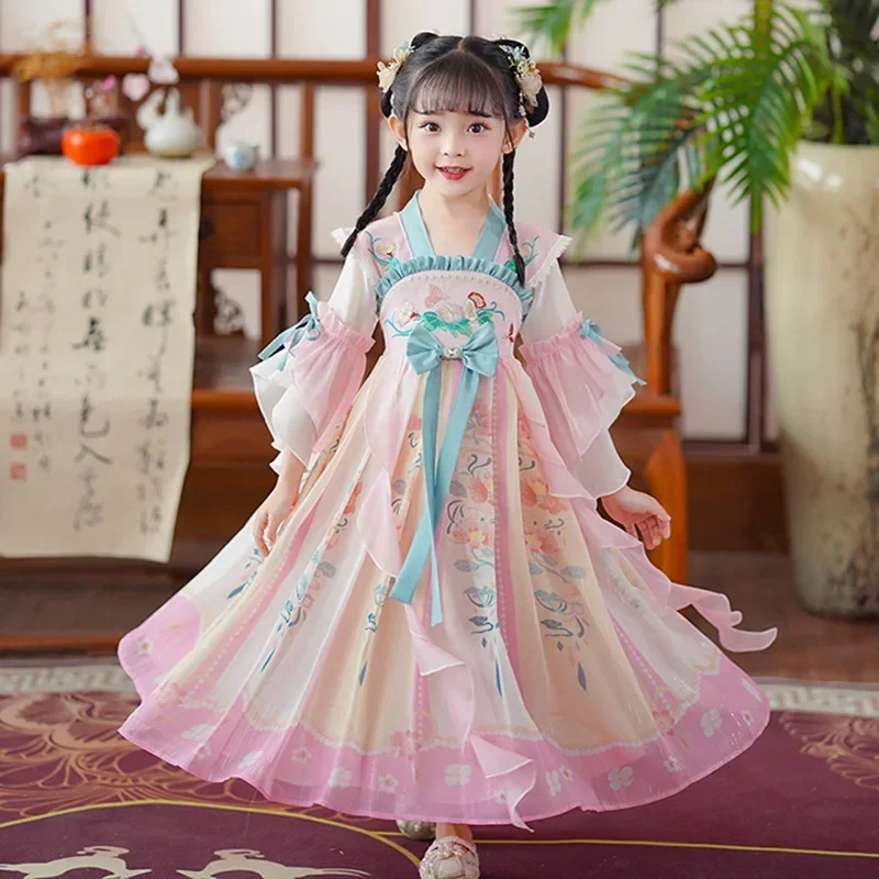 Розовое платье с цветочной вышивкой ханьфу для девочек супер сказочное в