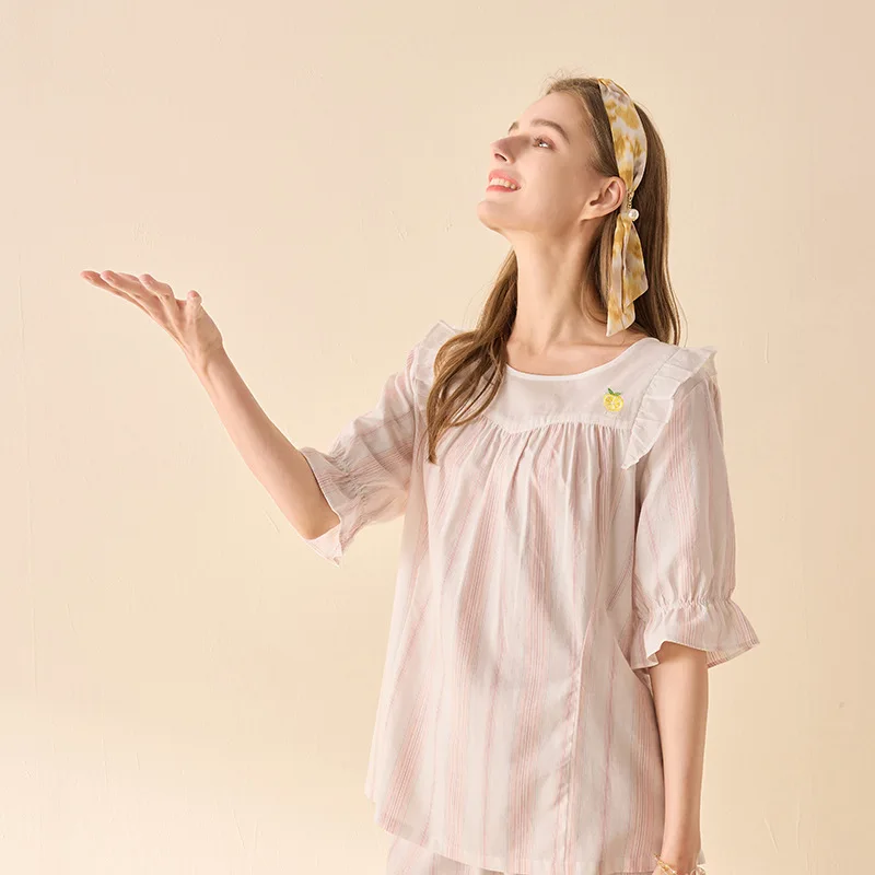 2022 New Summer Double Fiber 100% Cotton Pajamas Sets Women Homewear High Quality Short Sleeve Night Sleep Pants