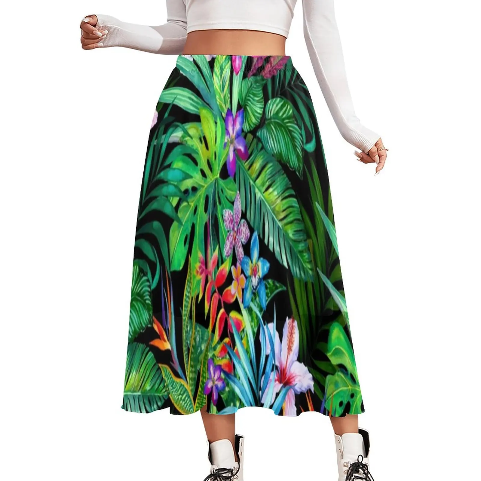 

Tropical Floral Fest Skirt Leaves Print Streetwear Long Skirts Trendy Boho Skirt Female Printed Oversized Clothes