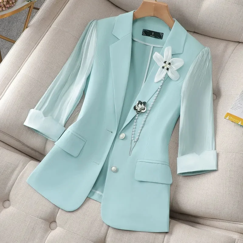

Yellow Sunscreen Chiffon Small Suit Coat Women Summer Thin Blazers 2023 New White Light Blue Mesh Seven-Quarter Sleeve Lady Tops