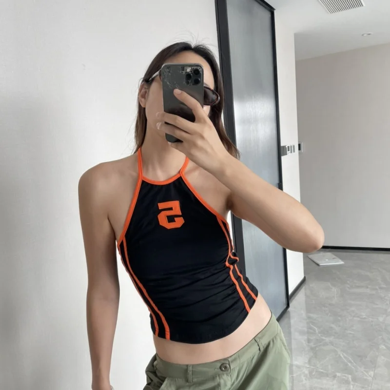 

High Waist Short Open Back Hanging Neck Tank Top with Summer Print Strap Top for Women