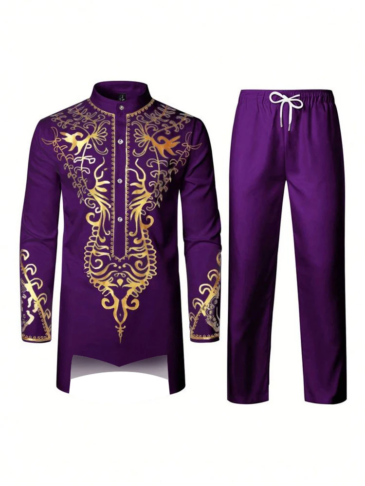 ładowa męska szata muzułmańska z klasycznym nadrukiem Czarno-białe żółte granatowe spodnie długim rękawem Wzór 3D Tradycyjna funkcja