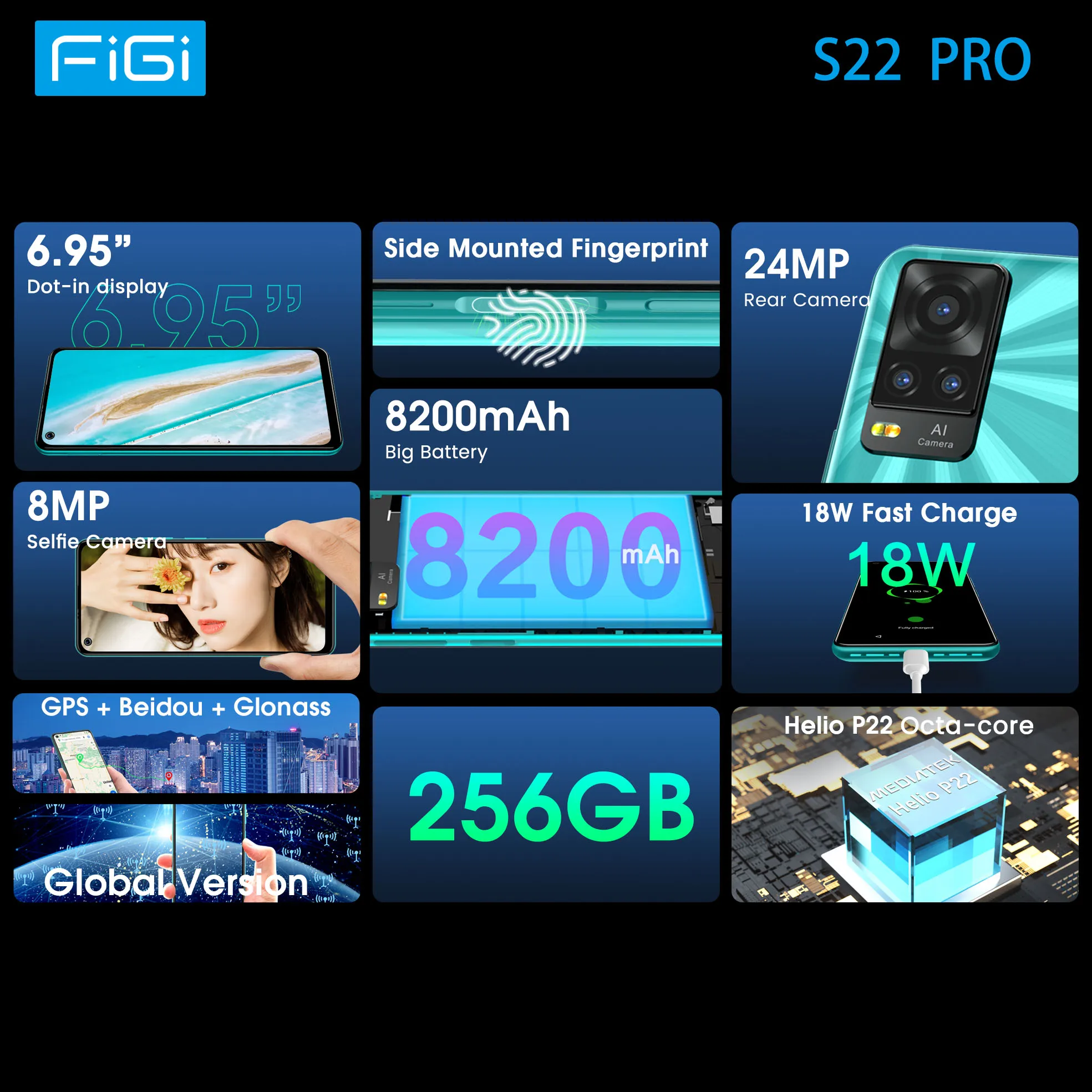 [World Premiere] FIGI S22 Pro Cell Phones 256GB 4G Smartphone Android Mobile Phones 8200mAh Battery 6.95