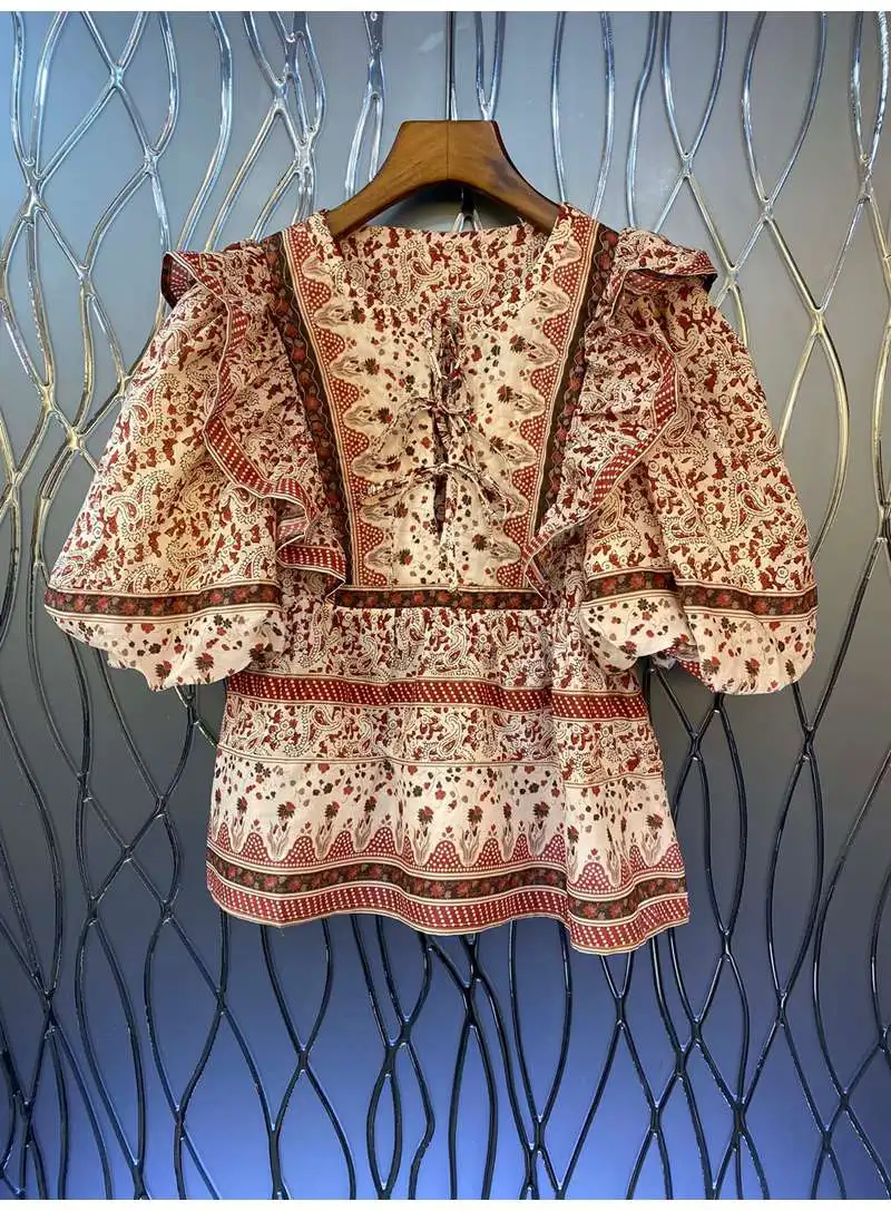 100%Cotton Tops 2022 Autumn Style Women Vintage Floral Prints Cross String Short Sleeve Casual Basic Tops Blusas Feminino