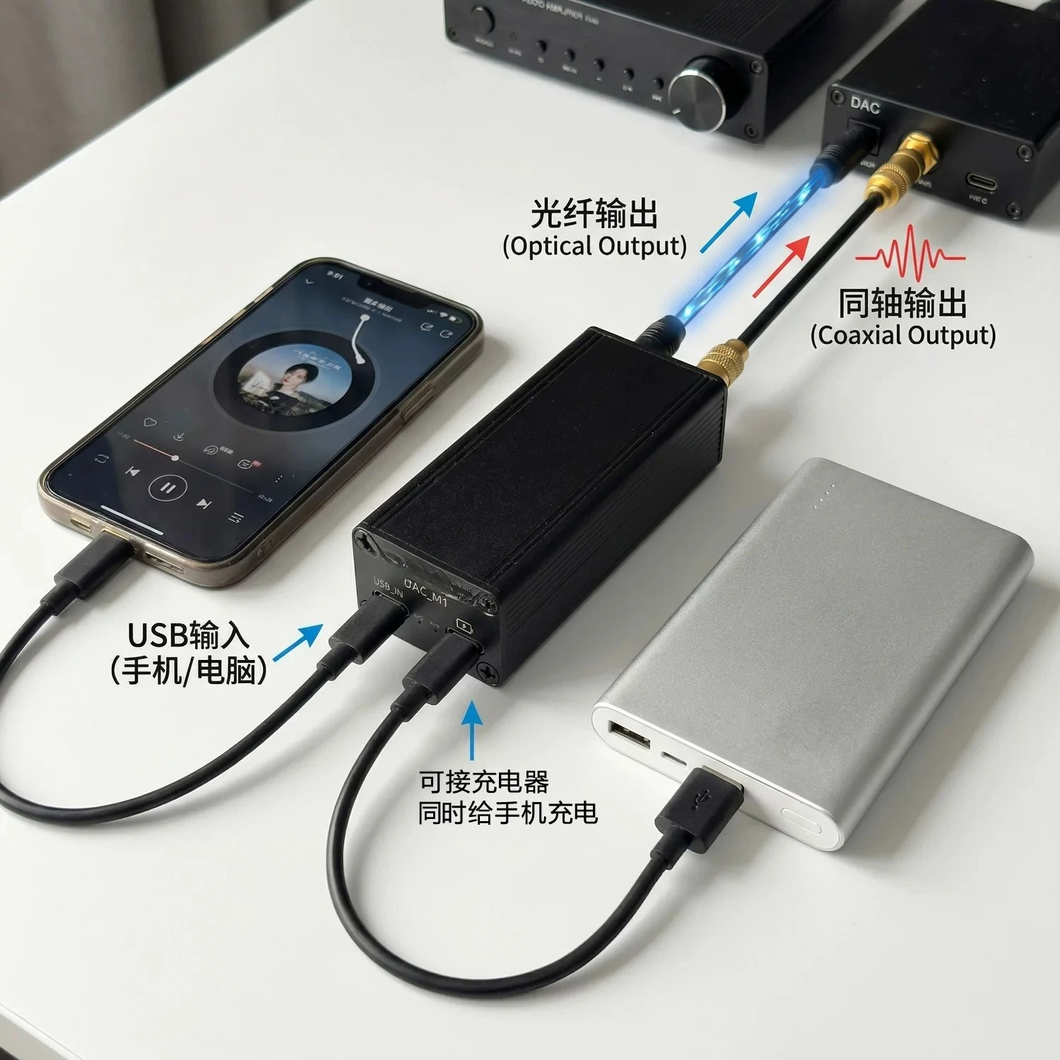 Фото Цифровой аудиоинтерфейс USB для мобильного телефона, автомобильного DSP и компьютера с функцией OTG и коаксиальным выходом, с функцией зарядки. №2