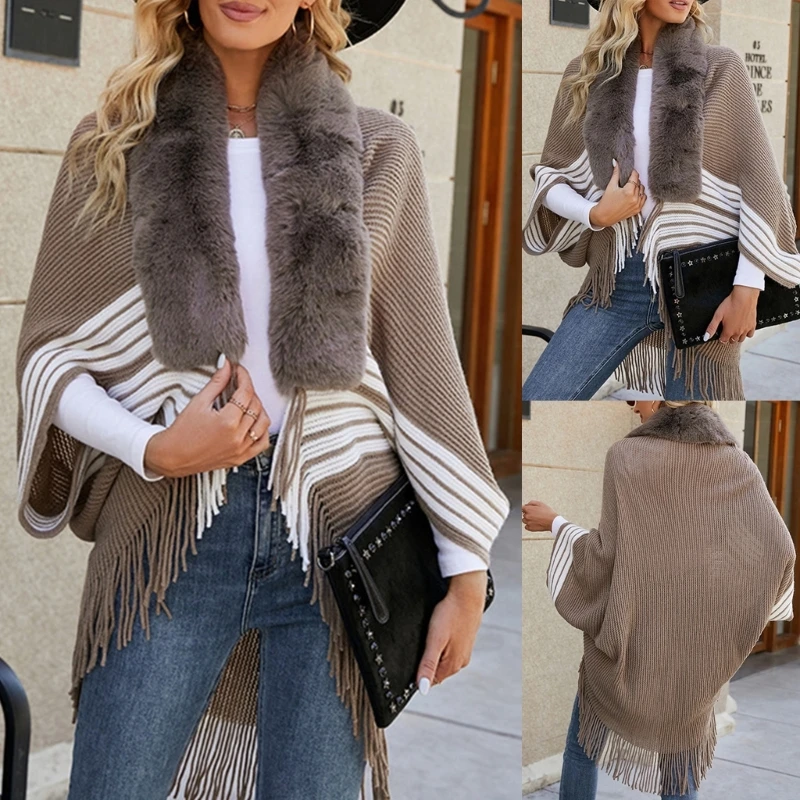 

Warm Fluff Faux Furs Collar Knit Sweater Cardigan Batwing Sleeve Wrap Jackets