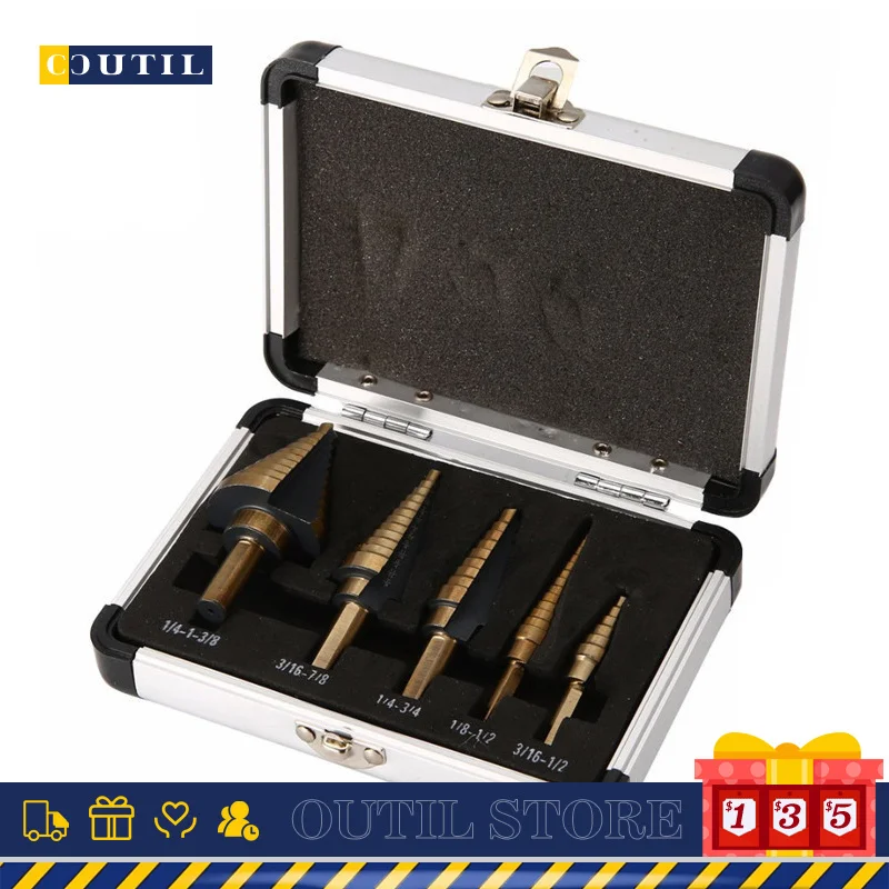 

5pcs/set Imperial Step Drill Bit High Speed Steel Step Drill Triangle Shank Reaming Opening Set Black Yellow Pagoda Bit