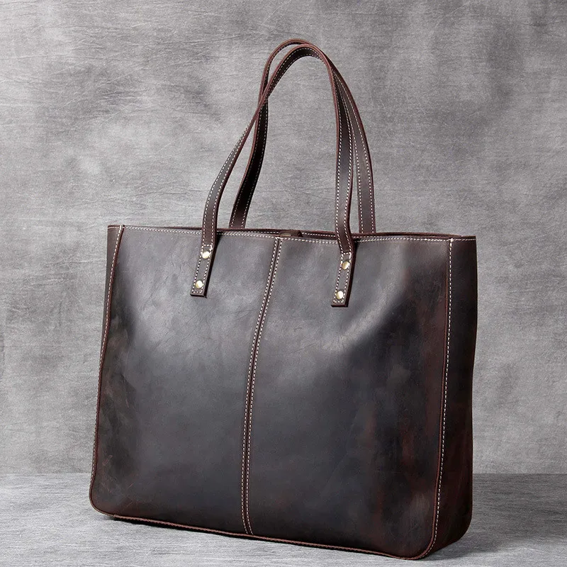 Vintage crazy horse cowhide large capacity men's tote bag luxury natural genuine leather work laptop shopping shoulder handbags