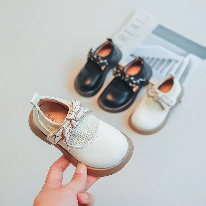 

Кожаные туфли для девочек, мягкая подошва, на липучке, с бантом, в стиле ретро, принцессы, однотонные милые, на весну-осень