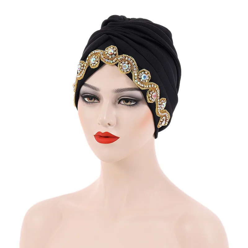 

Auto Gele Soft Diamonds Turban Hijab Head Wrap Skullies Chemo Caps African Pre-Tied Bonnet Beanie Hat Women Aso Oke Headscarf