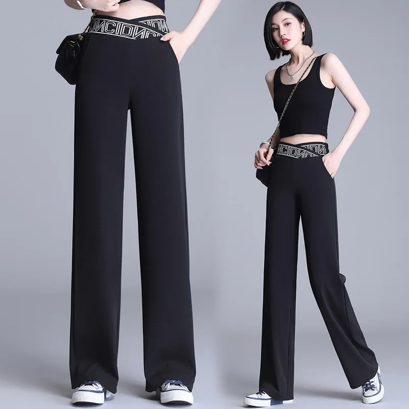 

Summer Casual Solid white Women's Pants Thin Wide Leg Loose High Waist Pant Drape Cross Letter Elastic Waist Straight Trousers