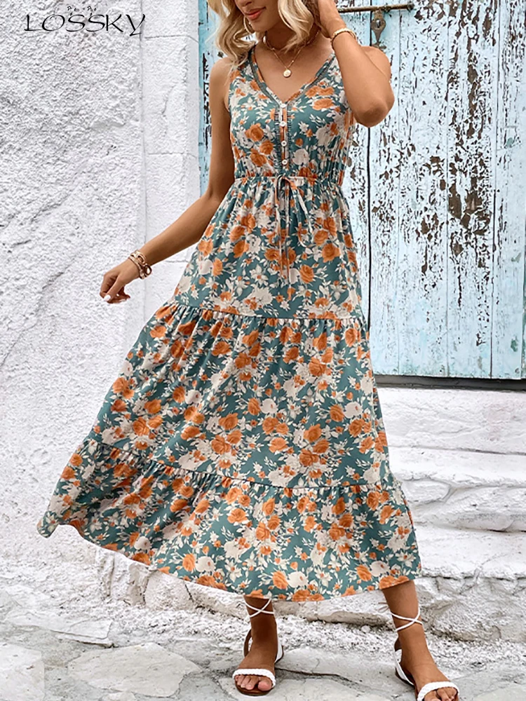 

Elegant Floral Long Dress Women Summer Casual Bandage Sleeveless Ruffle Beach Dress Fashion Blue V Neck New In Dresses 2023