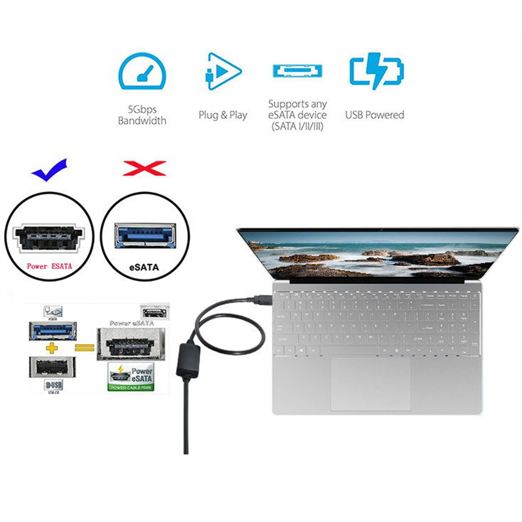 Фото Адаптер питания ESATA 5 в постоянного тока на USB 3,0, кабель преобразователя питания USB в HDD/SSD/ODD ESATA, 1 м №2