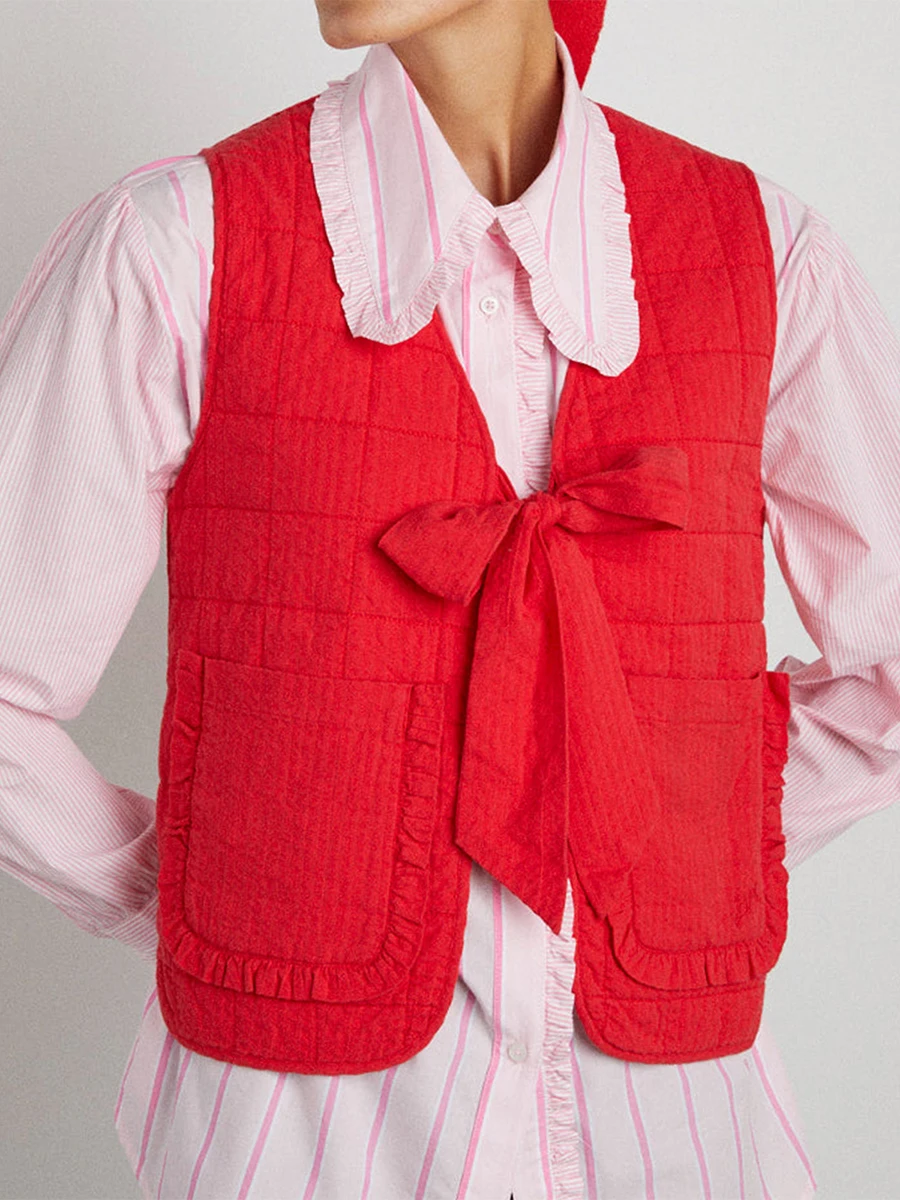 Женский легкий жилет с завязкой спереди однотонный клетчатый кардиган без