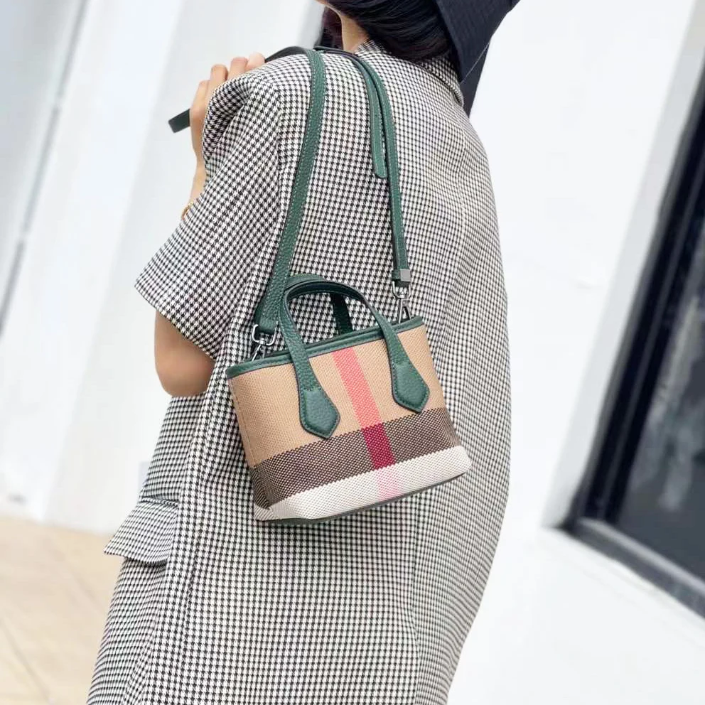 Luxury Small Women‘S Bag Plaid Stripes Canvas Genuine Leather Female Tote Purse Retro Versatile Top Handle Lady Bucket Handbags images - 6