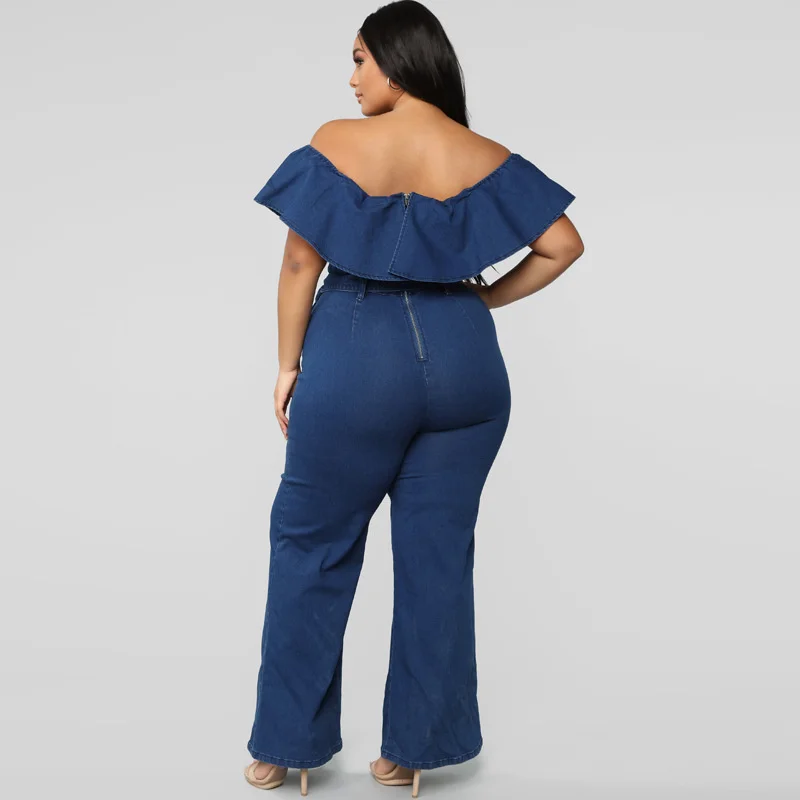 

Fashion Casual Plus Size Women Denim Off Shoulder Long Romper Jumpsuit Ruffles Bandage Bodysuit Overall One Piece Long Pants