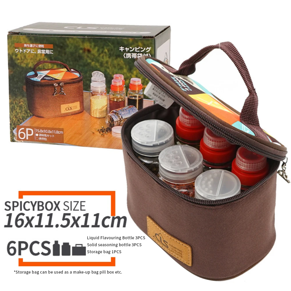 

6pcs Outdoor Condiment Bottle Set for Camping BBQ Portable Salt Cumin Spicy Box Storage Bottle With Oxford Cloth Storage Bag