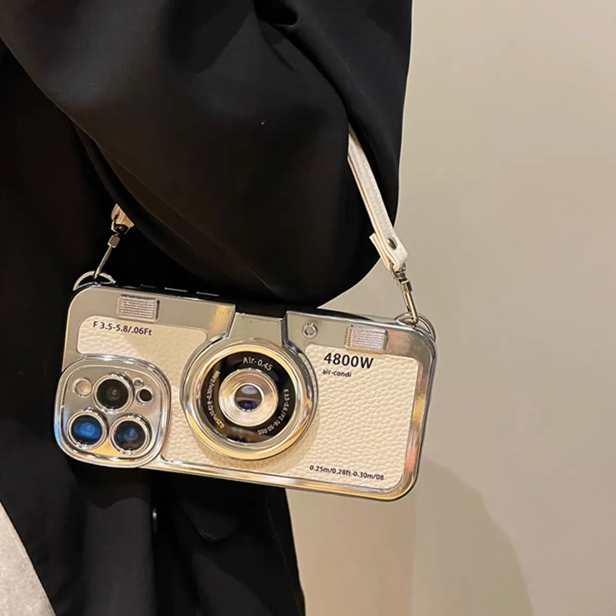 Luxury 3D Camera Plated Leather Wrsit Strap Phone Case For iPhone 16Promax 11 12 13 14 15 Pro Max Shockproof Women Cover Funda