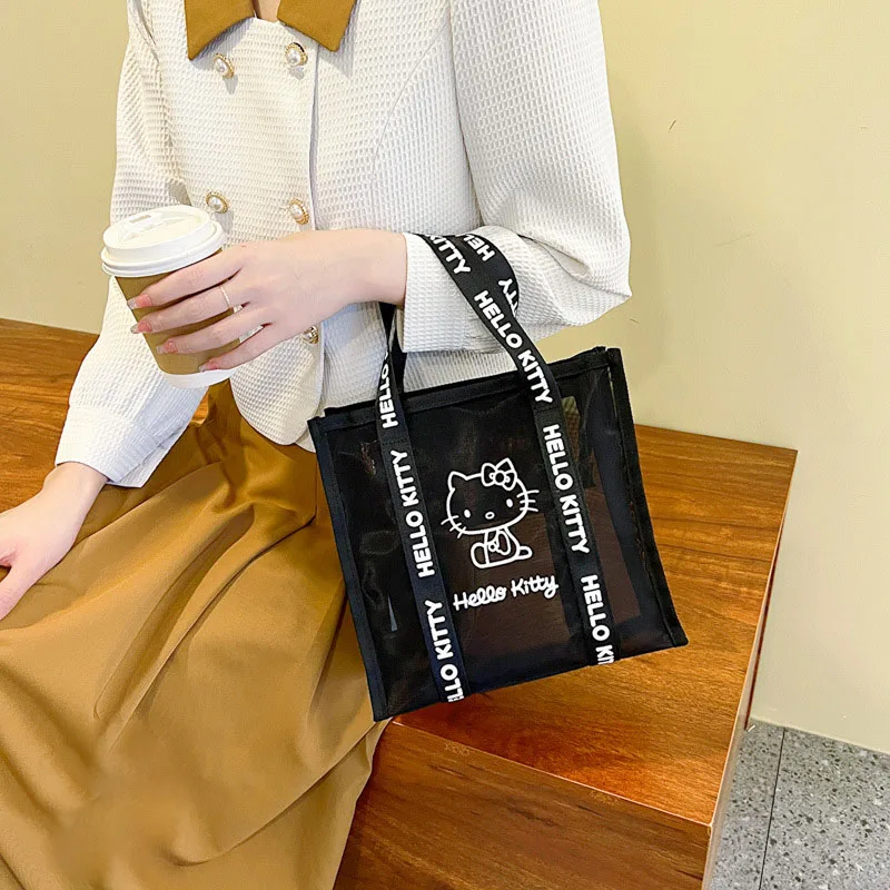 

Y2K Kawaii Sanrio Hellokitty Tote Bag Cute Anime Transparent Cosmetic Bag Mesh Cutout Wash Bag Portable Storage Bag Girl Gift