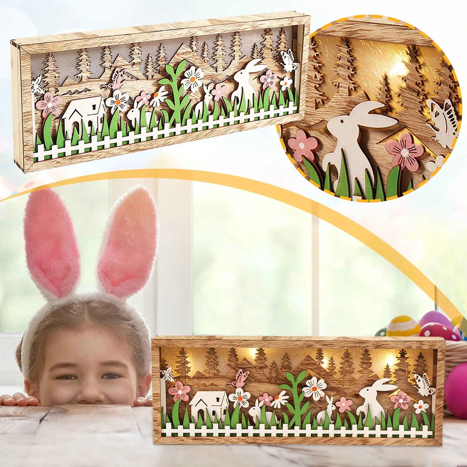 

Ornament Easter Photo Wooden Decoration Frame Craft Wooden Lamp Photo Frame Flower Painted Wooden Rabbit Decorative Ornament