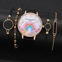 5 piece premium fashion ladies luxury leather strap rainbow flower literal quartz watch ladies watch bracelet set reloj mujer
