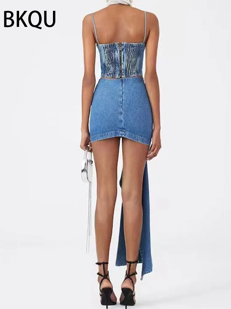 Женская джинсовая мини-юбка BKUQ трехмерная розово-синяя составного кроя с