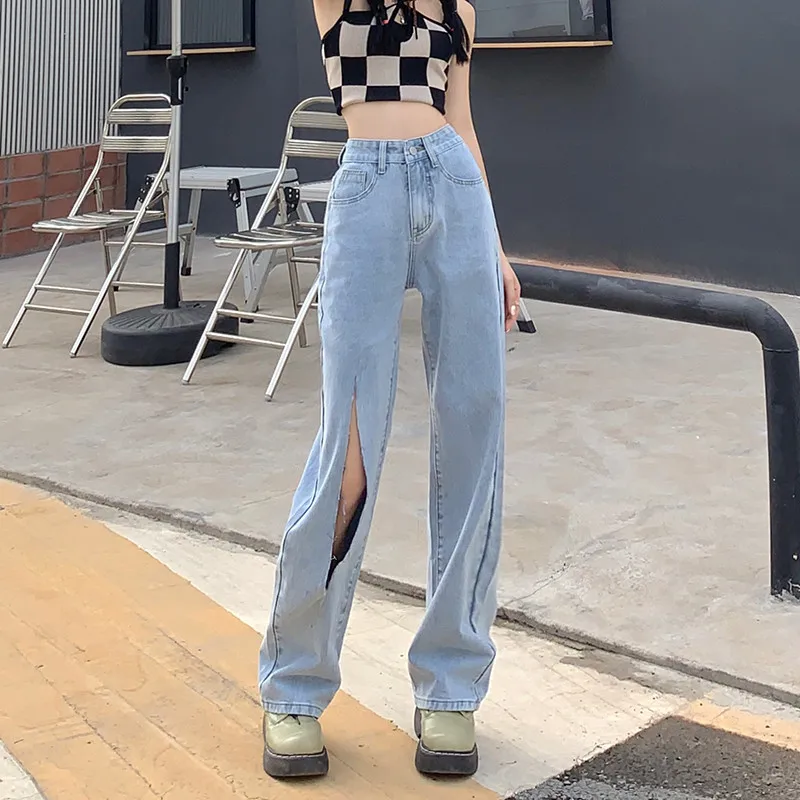 

Женские рваные джинсы с высокой талией, джинсовая одежда с широкими штанинами, уличная одежда, винтажные Качественные прямые брюки в стиле ...