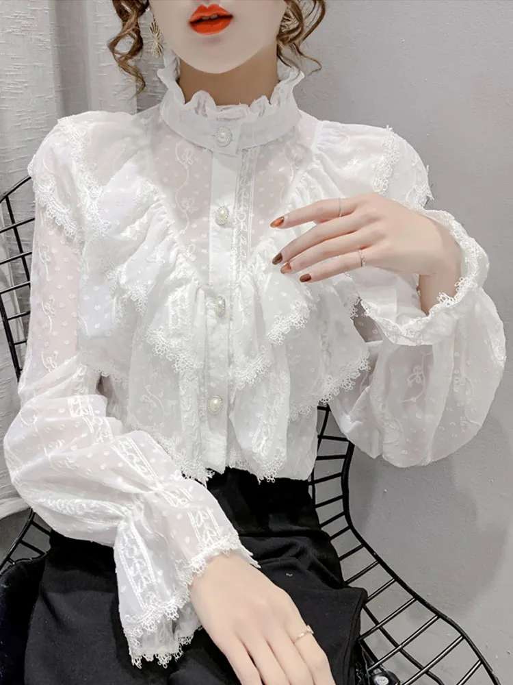 

Fashion Ruffle Stitching Lace Blouse Long Sleeve Loose Chiffon Shirts Korean Style Stand Collar Pleated Top Elegant Blusas 15832