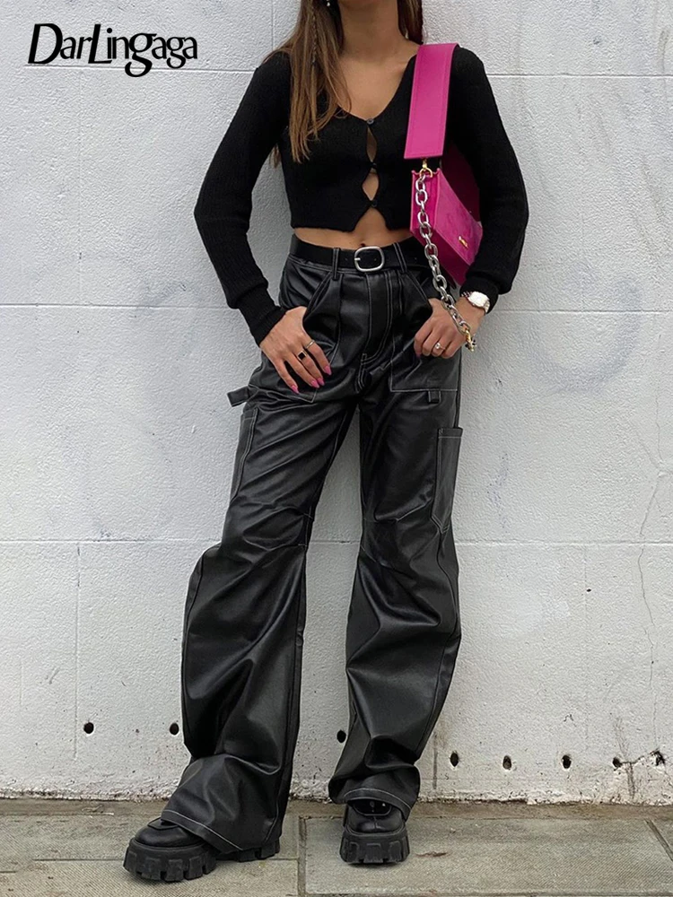 

Darlingaga Fashion Chic Straight Black PU Leather Pants Female Elegant High Waist Cargo Trousers Autumn Pockets Sweatpants Cool