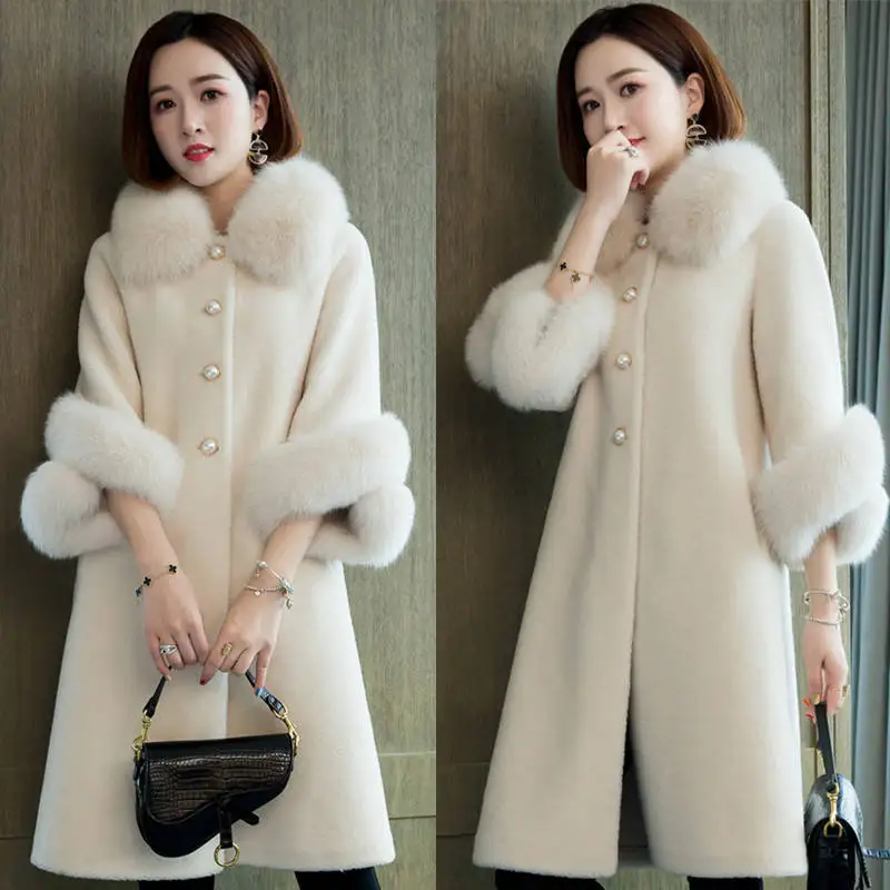 

Large Women'S Medium And Long Autumn And Winter Fur Coat Imitation Fox Fur Collar Imitation Sheep Sheared Wool Grain Loose