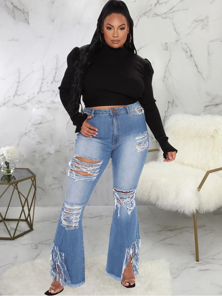 

ZJFZML ZZ Women Clothing Pants Plus Size 2022 Blue Sexy Hole Tassel Mid Waist Bell Bottom Bodycon Jeans Dropshipping Wholesale