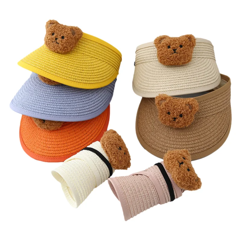 

Cartoon Bear Straw Hat for Baby Girl Boy Summer Folding Visor Cap Empty Top Travel Adjustable Sun Caps Beach Toddler Accessories