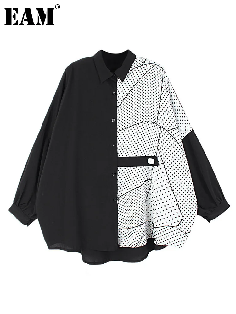 

[EAM] Women Black Dot Color-block Big Size Blouse New Lapel Long Sleeve Loose Fit Shirt Fashion Tide Spring Autumn 2022 1DE7254