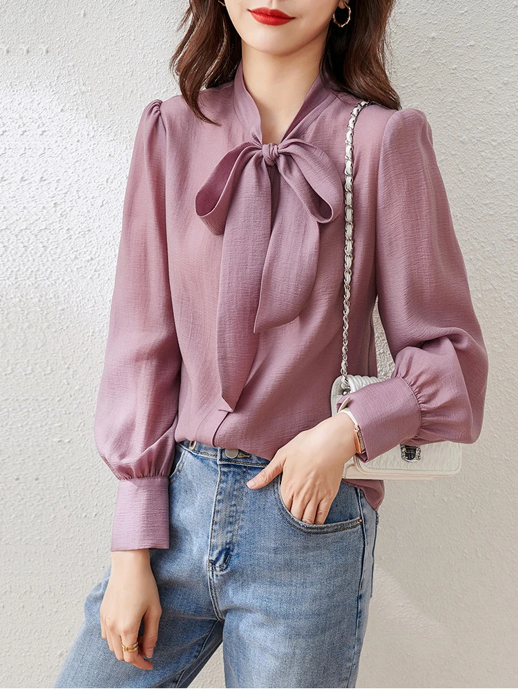 

BOBOKATEER Autumn Clothes For Women 2023 Tie Bow Neck Elegant Casual T Shirt Woman Long Sleeve Top Femme Poleras Mujer Camisetas