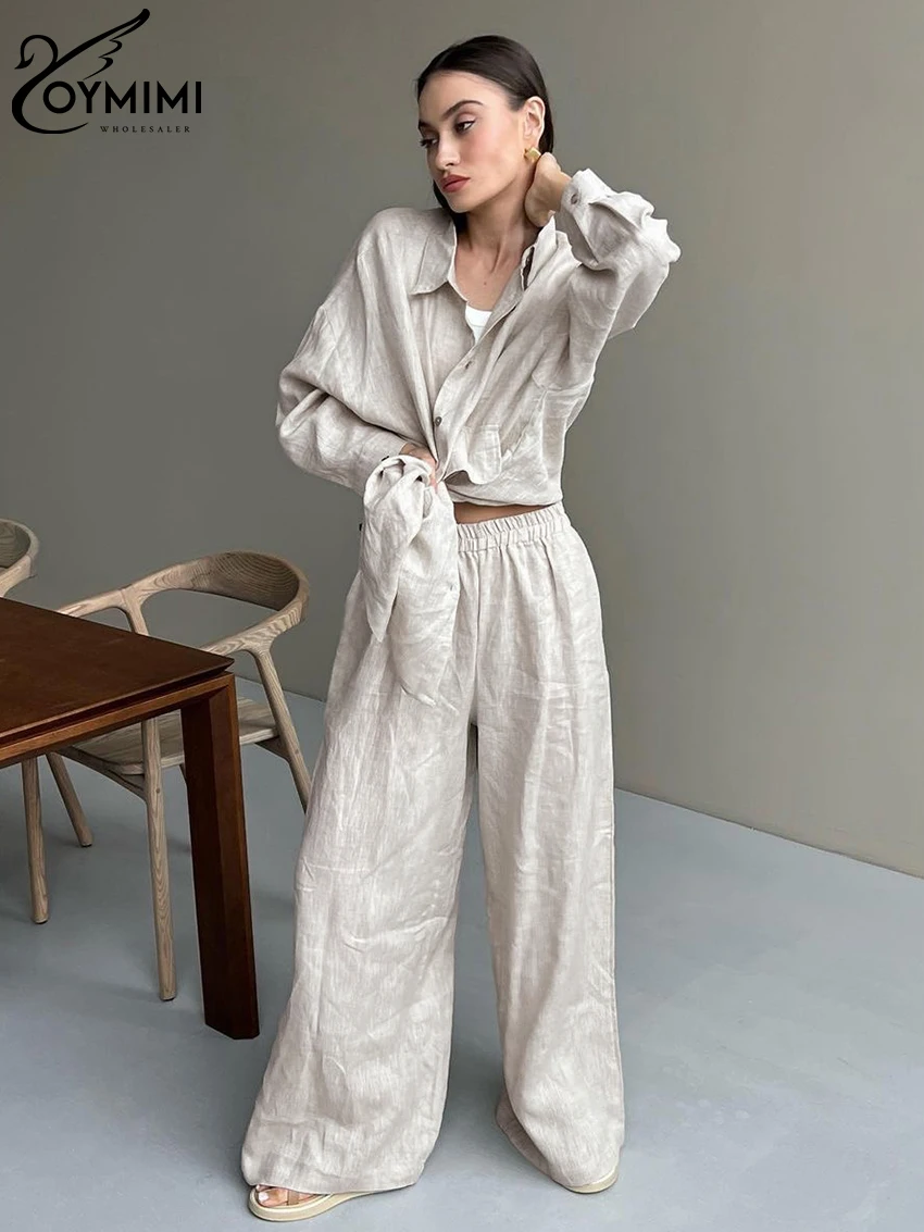 

Oymimi Casual Loose Beige 2 Piece Sets Women Outfit 2023 Fashion Long Sleeve Shirt With High Waist Wide Pants Set Streetwear