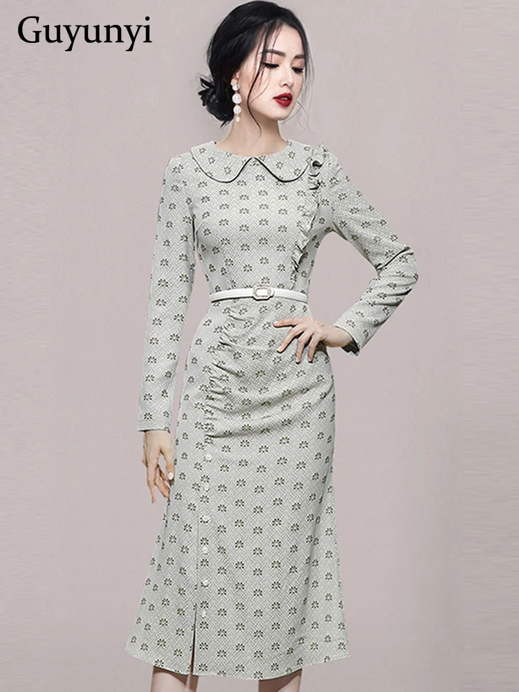 

Floral Jacquard Vintage Dress 2022 Autumn Peter Pan Collar Full Sleeve Ruffles Folds Beading Asymmetric Elegant Party Dress