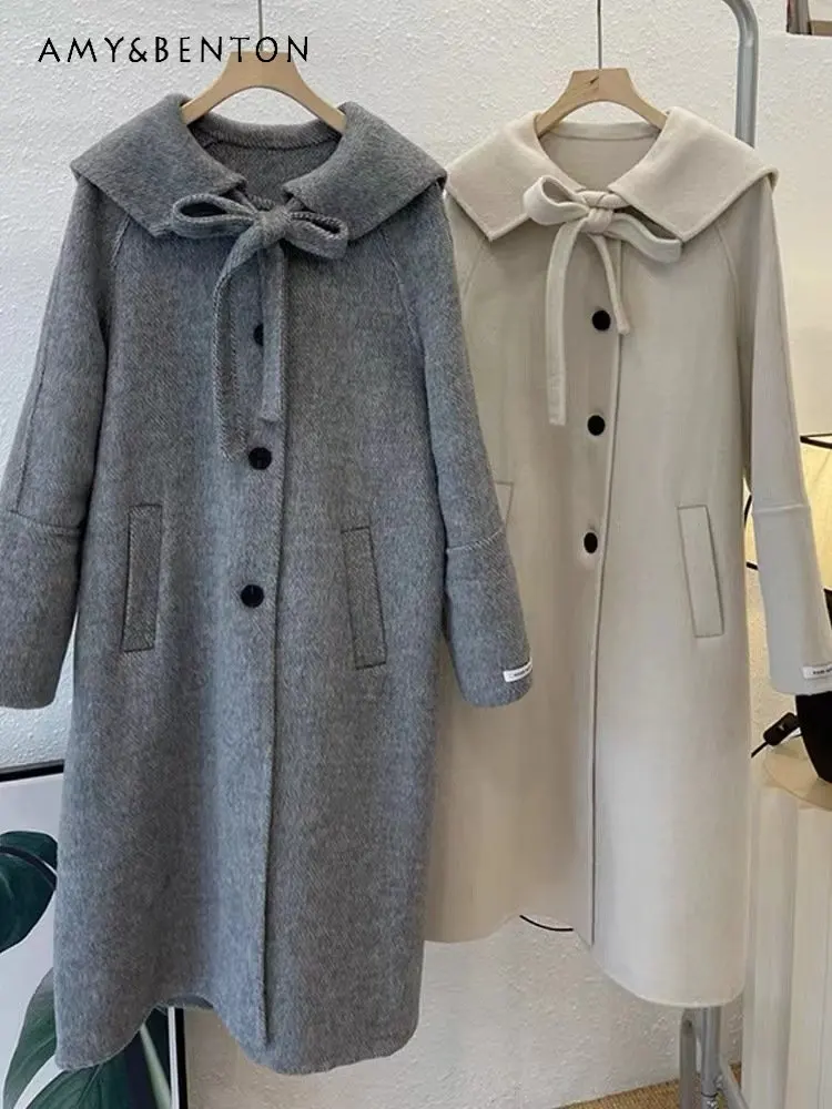 

Женское двухстороннее шерстяное пальто, Свободное пальто средней длины с матросским воротником и флисовой подкладкой из альпака, Осень-зим...