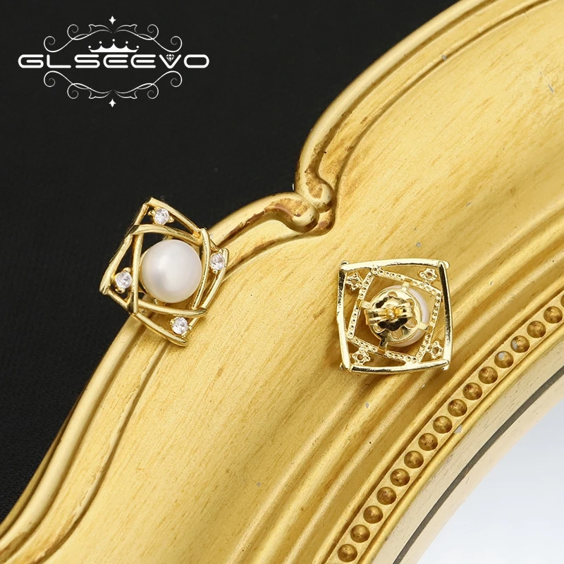

GLSEEVO Natural Freshwater Pearls Quadrilateral Shiny Zircon Women's Stud Cute Hollow Designer Jewelry Anniversary gift