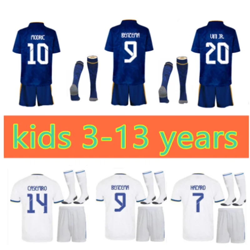

21/22 Kids 3D Kit Football Jerseys 2021 2022 Real MadridES Child Soccer Full Uniform + socks BENZEMA HAZARD MODRIC Home Away