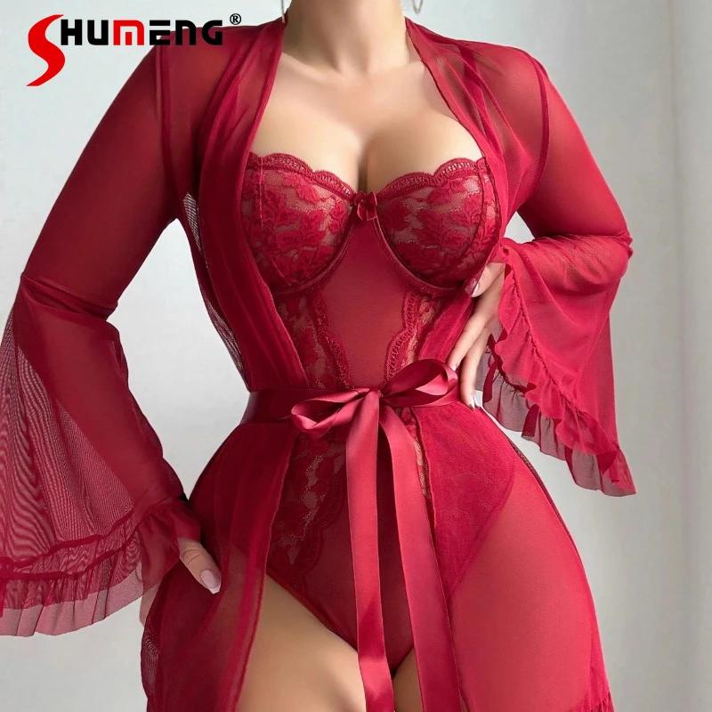 Фото Женские сексуальные прозрачные комплекты платьев Pure Desire в корейском стиле, однотонное цельное нижнее белье, костюм, женское нижнее белье, халат, наряды №5