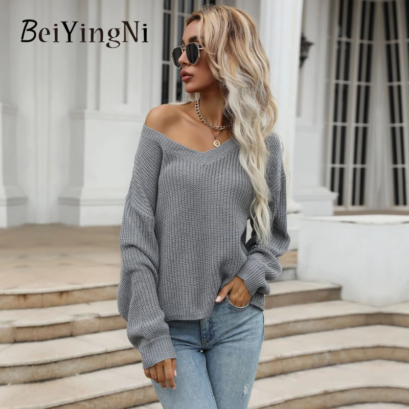 

Beiyingni 2022 V-neck Women's Sweaters Long Sleeve Solid Gray Loose Knitting Pullover Femme Vintage Casual Jumper Autumn Winter