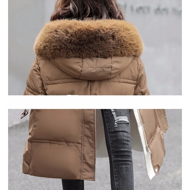 Helisopus Women's Long Down Jacket Winter Warm Slim Laced Waist Coat Korean Fashion Thickened Down Parker Female Jacket Winter
