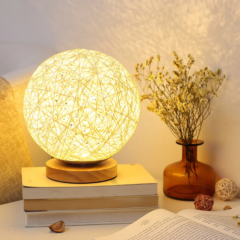 

Bed USB Table Lamp Hand-Knit Lampshade Wood Moon Lamp Hollow Lampshade Warm Planet Childrens Room Light Bedside Indoor Lighting