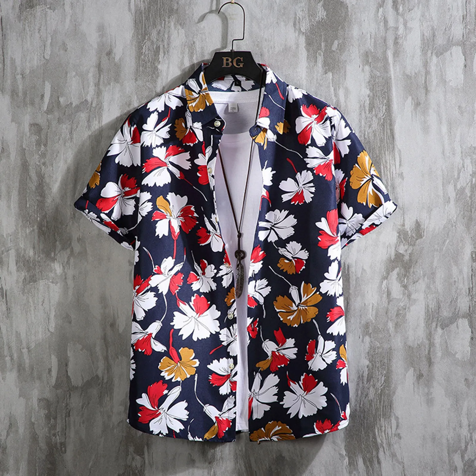 

Hawaiian Shirt Men'S Floral 3d Printed Short Sleeve Button Down Blouses Aloha Lapel Stand Collar Loose Tops Beach Camisas