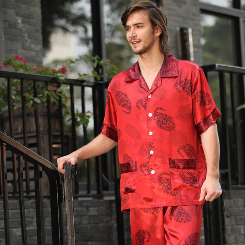Mens Pajamas Satin Silk Sleepwear Short Sleeved Silk Pajama Set Male Home Clothes Drop Shipping