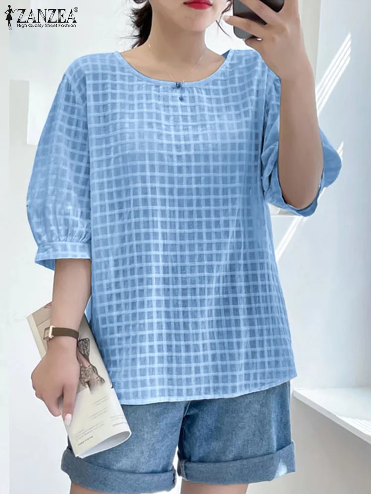 

Женская винтажная рубашка в клетку ZANZEA 2022, элегантные топы, туника, повседневная женская модная Свободная блузка с коротким рукавом, женски...