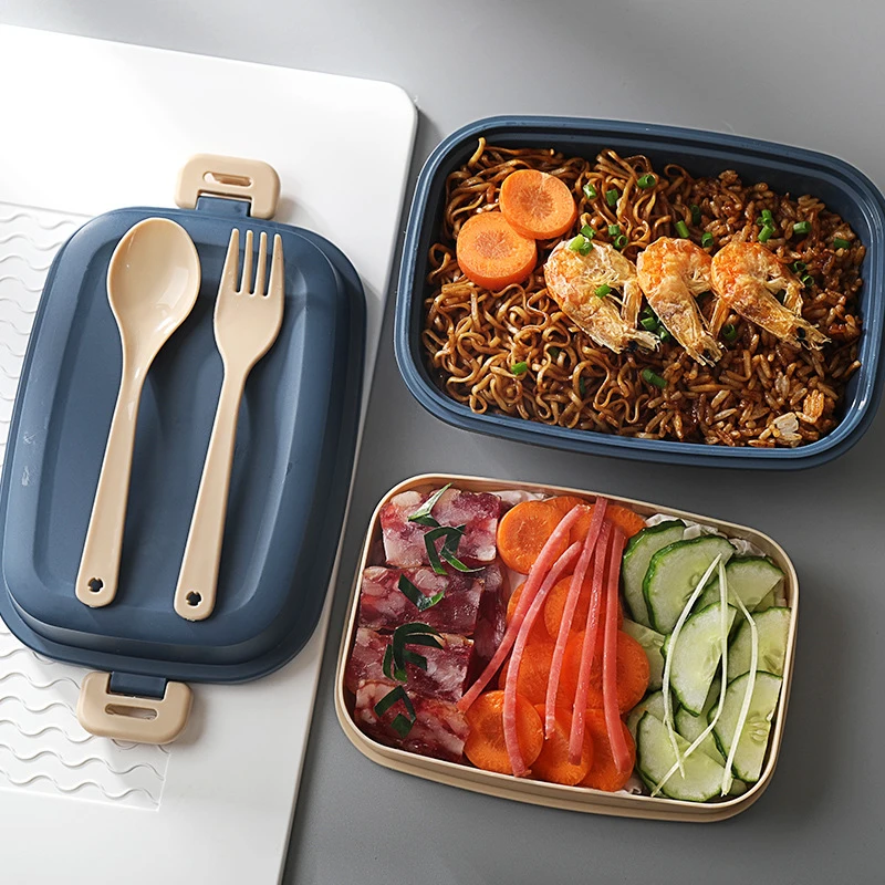 

980ml Double Buckle Frosted Bento Box Portable Microwave-heatable Double-layer Compartment Fresh-keeping Box With Spoon And Fork