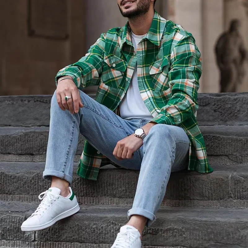 Men's Shirt Top Spring Autumn Plaid Pocket Stitching Shirt Women Casual Long Sleeve Single-Breasted Turn-down Collar Loose Shirt