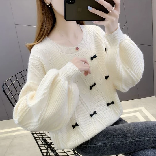 

Bow Beige Trend Wavy Edge Women Sweater 2023 Fashion Lady Coat Pullover Woman Tops Women's Sweater Winter Clothes Girl Suéter